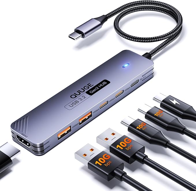 QUUGE USB C Hub 10Gbps, 6-in-1 Aluminum Multiport Adapter for Laptops, 4K@60Hz USB C to HDMI Adapter with 100W PD, 2 USB-A & C 3.2 Data Ports, 30cm Nylon Cable for MacBook Air/Pro, iPad, Thinkpad, XPS