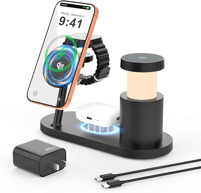 JOYANDRO MagSafe Charger Compatible, 4-in-1 Charging Station, Qi2.2 25W Certified with LED Night Light/Magnetic Wireless Charger for iPhone 17/16/15,Apple Watch,AirPods,Pixel 10(45W Adapter Included)