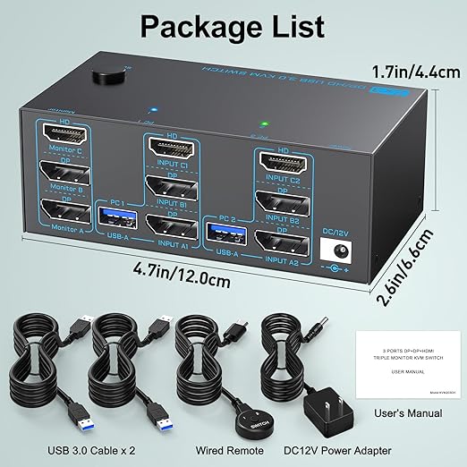 8K KVM Switch 3 Monitors 2 Computers Triple Monitor 2 Displayport 1.4 and HDMI 2.1 USB 3.0 KVM Switches, DP 1.4 Supports 8K@30Hz/4K@144Hz, HDMI Supports Max 8K@60Hz /4K@120Hz with Wired Remote Control