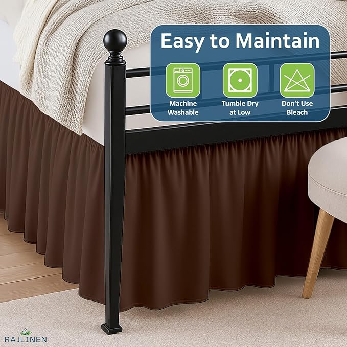 Rajlinen Ruffled Bed Skirt Full, 24 Inch Drop Dust Ruffle with Split Corners, 100% Microfiber Bedskirt with Platform, Three-Sided Coverage Ruffled Gathering Design, Chocolate