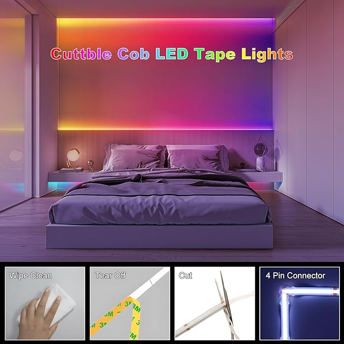 BUNACET 20FT LED Strip Lights COB Smart IC, 24V RGB LED Lights for Bedroom with RF Remote Smart App Button Controller Music Sync Color Changing Strip Lights for Game Room Kitchen Cabinet Lighting