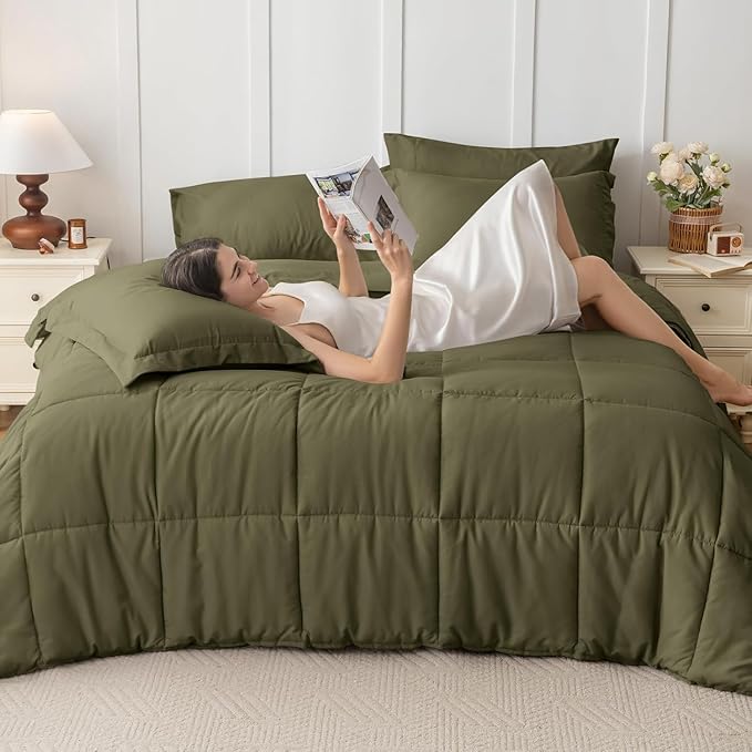 JOLLYVOGUE Full Comforter Set, Ultra-Soft Bed in a Bag Full Size 7 Pieces, Oeko-TEX Certified Bedding Set with Down Alternative Comforter, Sheets, Pillowcases & Shams, Olive Green