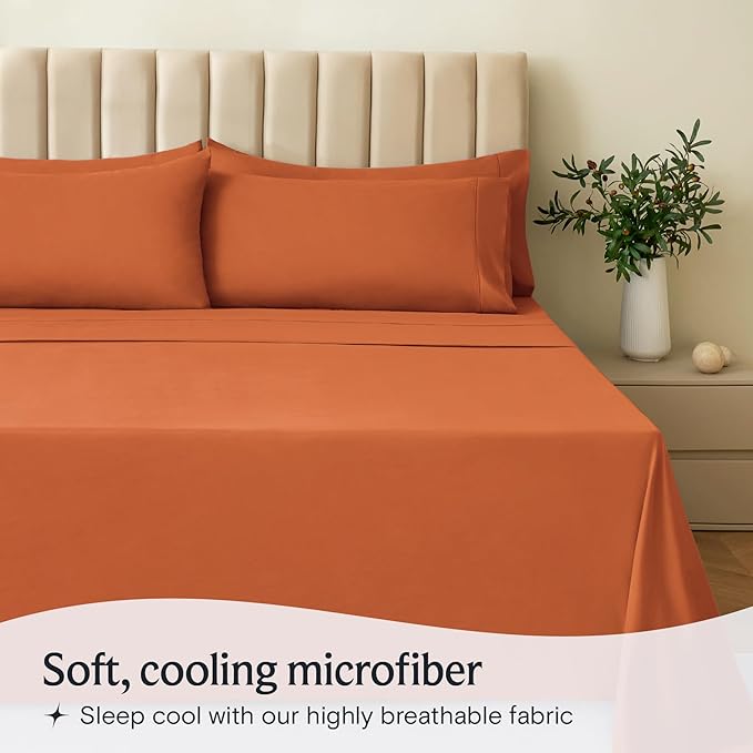 LuxClub 4 PC California King Sheet Set, Deep Pockets Wrinkle Free Cooling Bed Sheets Hotel Bedding for Women, Men, Includes 1 Fitted Sheet, 1 Flat Sheet and 2 Pillowcases-Autumn Orange
