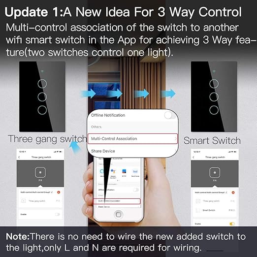 MoesGo WiFi Smart Wall Light Switch,Glass Panel, Multi-Control(3 Way), 2.4GHz Wi-Fi Touch Switches, Neutral Wire Required, Remote Control Smart Life/Tuya App, Work with Alexa, Google Home Black 3 Gang