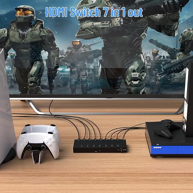RuiPuo 7Port HDMI Switcher 4K@60Hz 7In 1Out HDMI Selector with IR Remote Supports Full HD 4K/1080P/3D & HDCP2.2 for Switch,Xbox,PS4/PS5,Fire Stick,Roku,Apple TV etc.