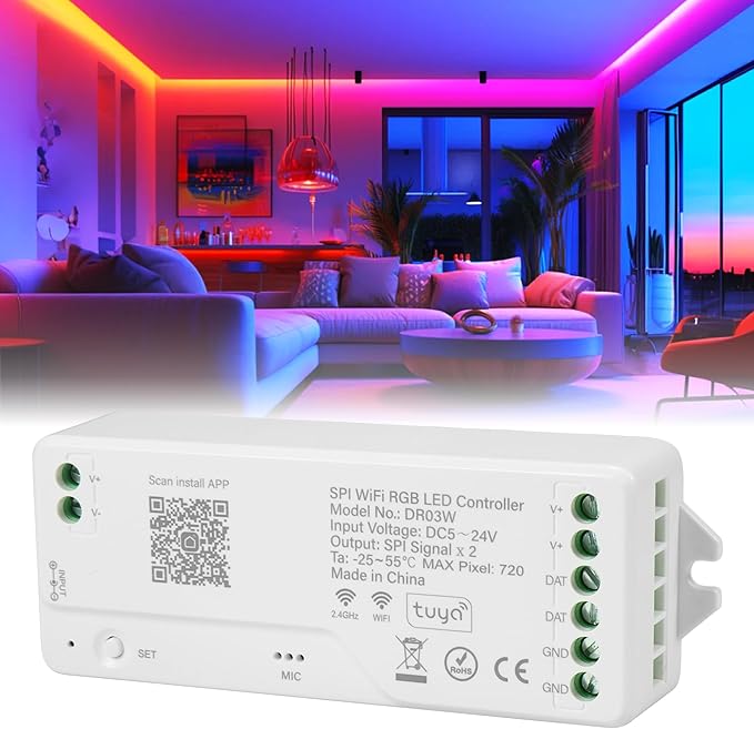 XXK DR03W WiFi SPI 5~24V RGB Controller - Designed for Addressable LED Strip Lights, Compatible with Alexa Google Home Siri Smart Life Tuya APP Control Work with RC03RF WR01RF 2.4GHz Remoter etc