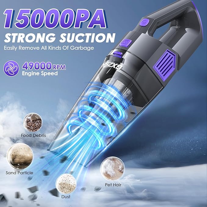 Gxzsk Handheld Vacuum Cordless, 15000PA Strong Suction Hand Held Car Vacuum Cleaner Rechargeable, Portable Hand Vacuum with Multi-Nozzles & Washable Filter for Home Office, Car, Pets