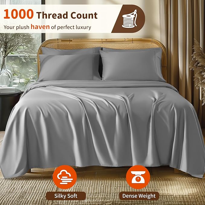 LBRO2M 1000 Thread Count 100% Egyptian Cotton Sheets Set 6 Piece Sets Full Size Bed Sheet Deep Pocket Sheet Set 16" Soft Comfortable All Season (Full, Gray)