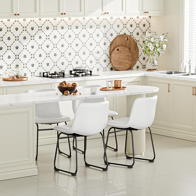 Dining Chairs Set of 2, 18 Inch Kitchen Chairs with Back, Faux Leather Armless Dining Room Chairs with Metal Legs for Home, Bistro Coffee Shops (White)