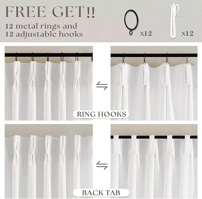 Extra Wide Pinch Pleat Curtains 84 Inches Long for Patio Sliding Glass Door Ivory Linen 60 Inch Wide Curtain Memory Trained Pleated Drapes with Hooks Rings Semi Sheer 60x84 Curtain for Large Window