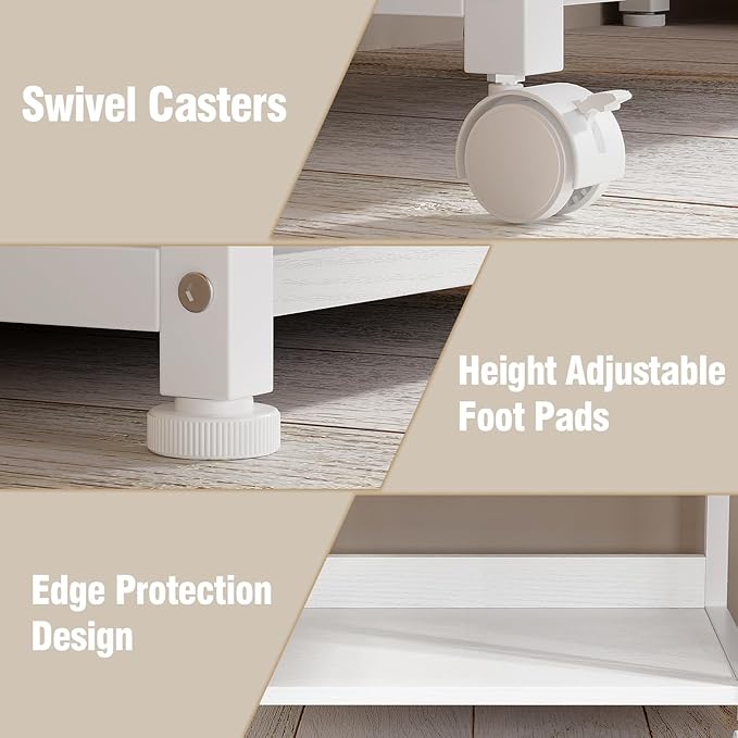 VENNQD Large Printer Stand with Storage Fabric Drawer Under Desk Printer Table with Wheels for Home Office, Printer Cart fit Fax Machine Scanner 23.4"x15.7" (White, 2 Tiers)