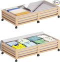 Wisuce Bamboo Under Bed Storage Containers- Underbed Organizer with Wheels with Large Dust Bag,Sturdy Wood Rolling Under the Bed Shoe Storage Organizer Drawer 2 Packs (Nature, Long)