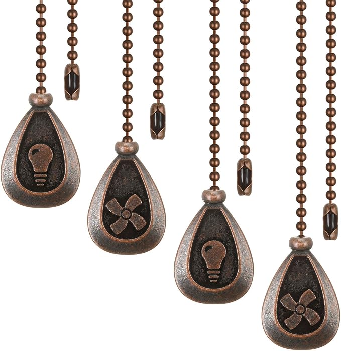 Patelai 4 Pieces Ceiling Fan Pull Chain Extender Ornament 12 Inch Ceiling Pull Chain Extension Classic Drop Shaped Pendant Beaded Ball Cord for Fan light lamp decorative with Connector(Red Bronze)