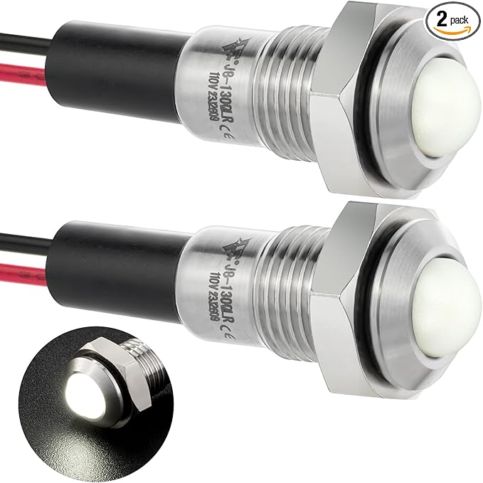 ZGSZJHF UL Listed Mini Indicator Light 8mm 0.31" Waterproof IP67 110V-120V Domed Sphere High Head Metal 304-Stainless Steel LED Lamp Pilot Light with 140mm Wire