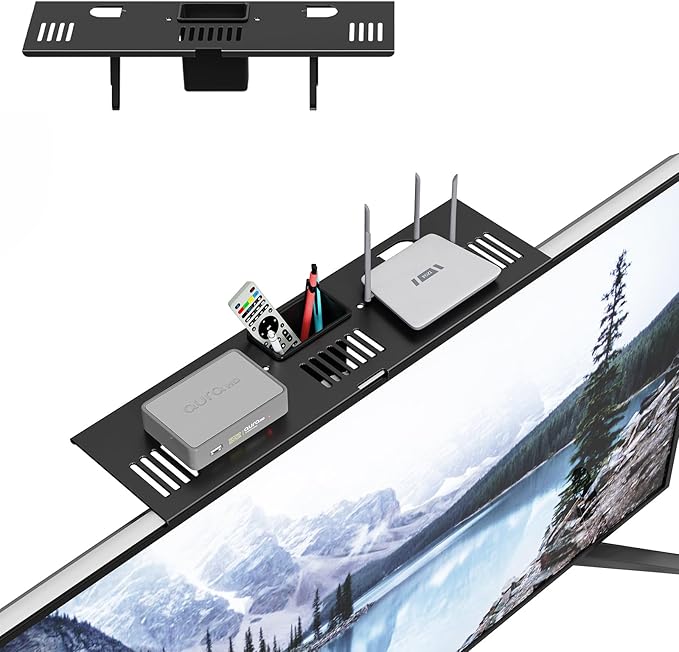 Adjustable Steel TV Top Shelf, Floating TV Stand with Storage Boxes, Universal Monitor Shelf for Soundbar, Game Console, Cable Box, Router Shelves and Home Accessories