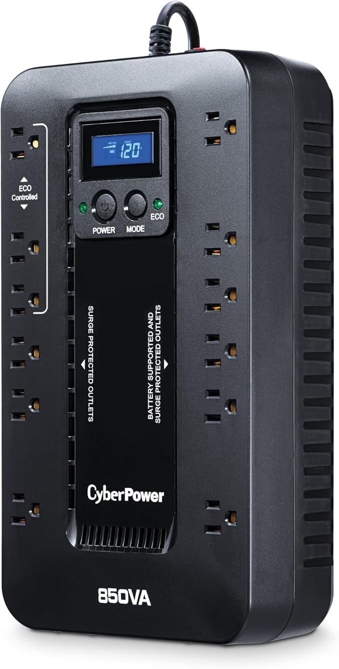 CyberPower EC850LCD Ecologic UPS Battery Backup and Surge Protector, 850VA/510W, 12 Outlets, ECO Mode, Compact, UL Certified