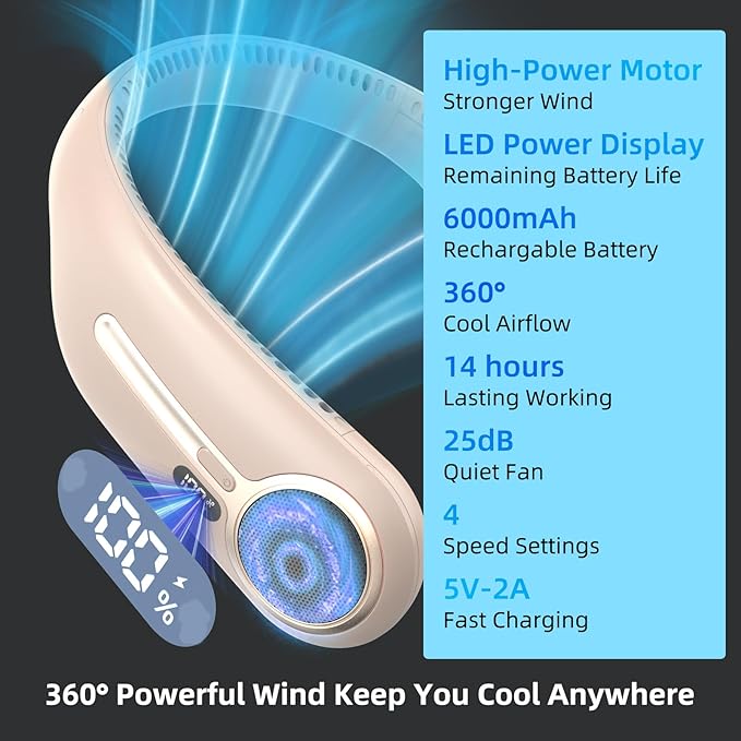 Portable Neck Fan,Hands Free Personal Wearable Bladeless Fan,6000mAh USB Rechargeable,360° Cooling,LED Display,4-Speeds,Birthday Gifts for Men Women Dad Mom,Valentines Day Gifts for Her Him (Brown)