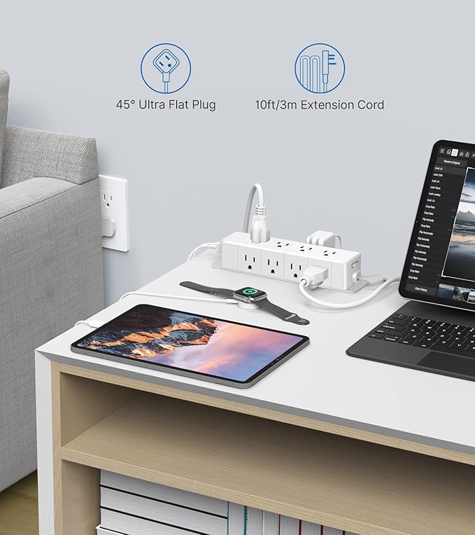 30W USB C Power Strip Surge Protector,4 Side 12 Outlets Desk Power Strip with Ultra Thin Flat Plug,PD Fast Charing,2 USB-C,2 USB-A(USB Total 40W),10ft Flat Extension Cord with Multiple Outlets,1200J