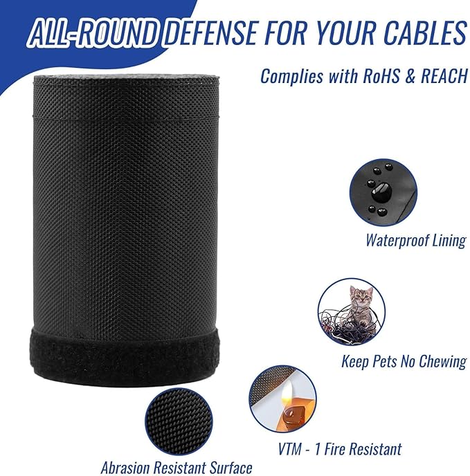 Flauzmann 1.5" - 6.6FT Chew Proof Cord Protector from Pets, Black Heavy Duty Dog & Cat Cable Sleeve Cover - Flexible Split Sleeve for Home, Office, Automotive Wires