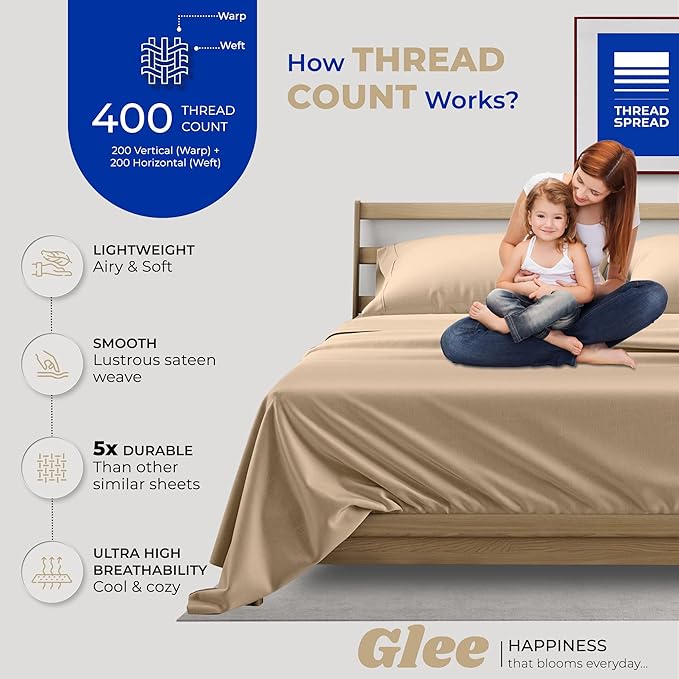 THREAD SPREAD 100% Cotton Queen Sheets Set - 400 Thread Count Queen Size Sheets (4 PC, Cocoa Taupe), 16" Deep Pocket All Around Elastic, Soft, Cooling, Durable & Breathable Sateen Weave Bed Sheet Set