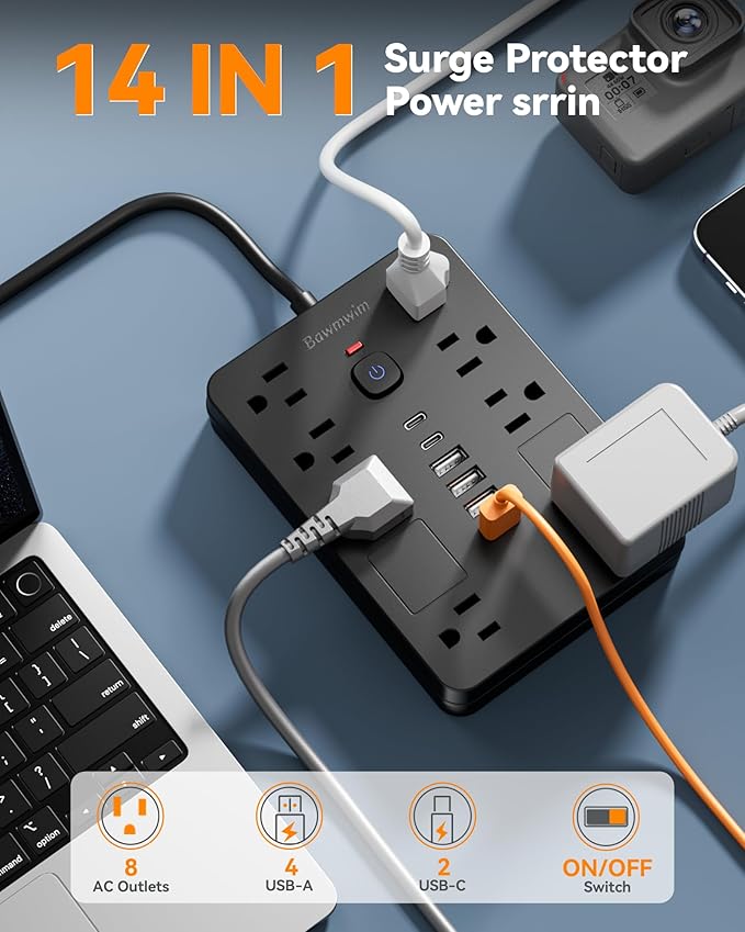 Bawmwim Surge Protector Power Strip - 8 Outlets(1850W/15A) with 6 USB Ports（2 USB C, 6FT Flat Plug Extension Cord, Wall Mount Multi Plug Outlet Extender, ETL Listed for Home, Dorm Room, Black