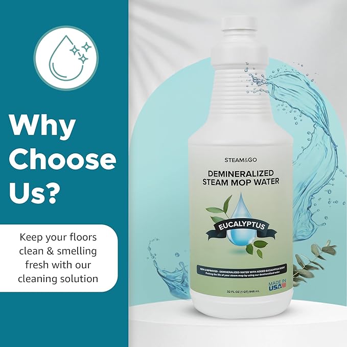 Steam & Go Demineralized Water Cleaning Solution for Floor & Multi-Surface Steam Cleaners - Compatible for All Steam Mops - Eucalyptus Mint Scent, 32 oz, Pack of 6