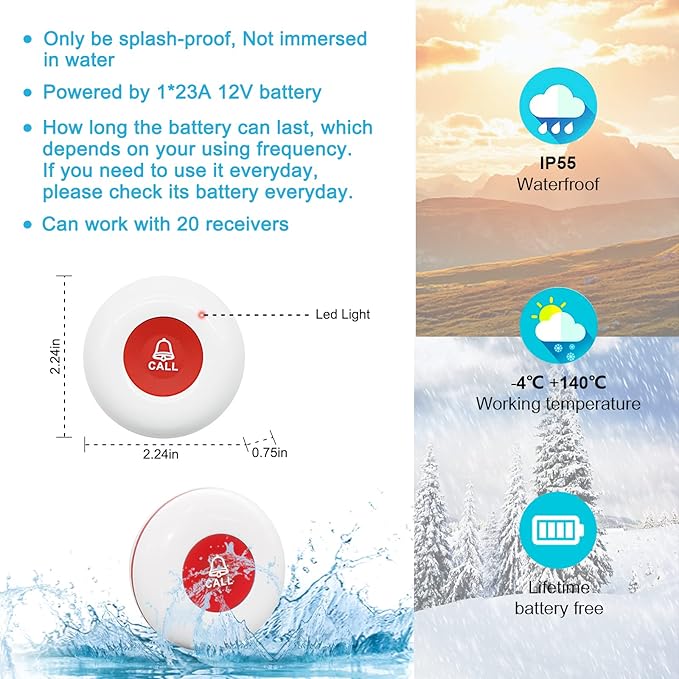 CallToU Caregiver Pager Call Button Elderly Wireless Call Button Vibration Pager Nurse Calling Alert System for Home Elderly Disabled Patient 1 Transmitters 1 Receiver