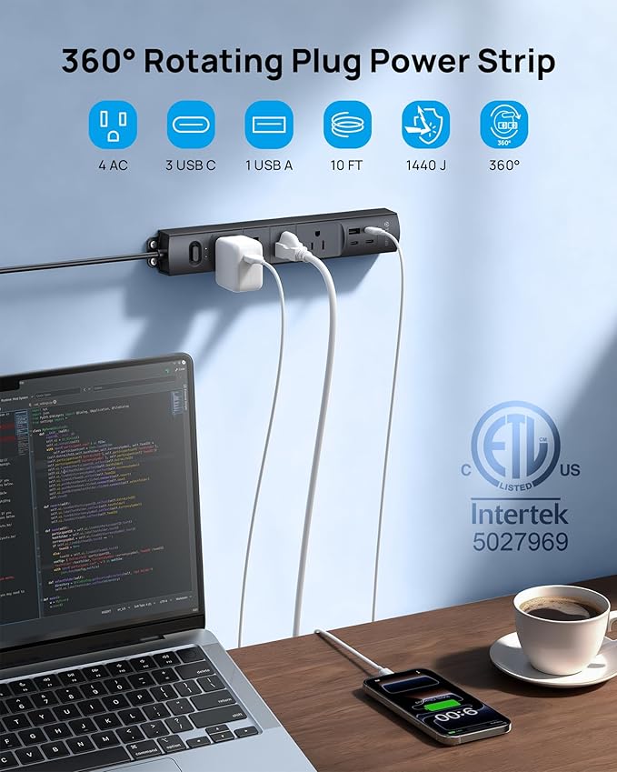 TROND 360° Rotating Plug Surge Protector, Power Strip with USB Ports, 3 USB C and 1 USB A, 1440 Joules, ETL Listed, 1625W, Wall Outlet Extender, 10ft Extension Cord for Home Office Dorm, Black