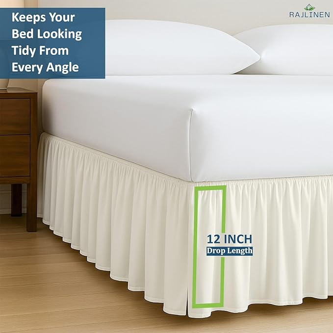 Rajlinen Ruffled Bed Skirt King, 12 Inch Drop Dust Ruffle with Split Corners, 100% Microfiber Bedskirt with Platform, Three-Sided Coverage Ruffled Gathering Design, Ivory