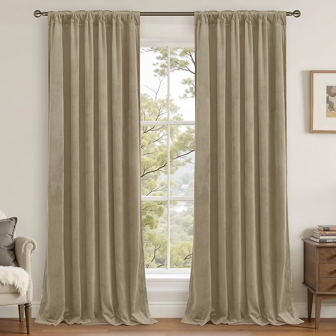 LAMIT Dark Taupe Velvet Curtains 84 Inch for Living Room, Thick Blackout Thermal Insulated Panels Room Darkening Country Decor Back Tab and Rod Pocket Drapes for Bedroom, 2 Panels, 52 x 84 Inch