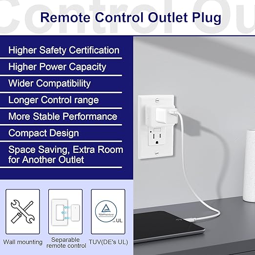 Remote Switch Outlet, GreenCyle 4 Outlet Plug with Remote, Wireless On/Off Light Switch Wall Mounted, 15A/1500W, TUV Listed, No Wiring Needed, 500ft RF Range, for Lamps, Fans, Household Appliances