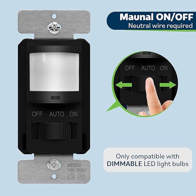 TOPGREENER in Wall PIR Motion Sensor Light Switch, Occupancy Sensor Switch, 𝐍𝐞𝐮𝐭𝐫𝐚𝐥 𝐖𝐢𝐫𝐞 𝐑𝐞𝐪𝐮𝐢𝐫𝐞𝐝, On/Off Override, 𝐒𝐢𝐧𝐠𝐥𝐞 𝐏𝐨𝐥𝐞, 4A, 500W, TSOS5-BKWP,Black,2 Pack