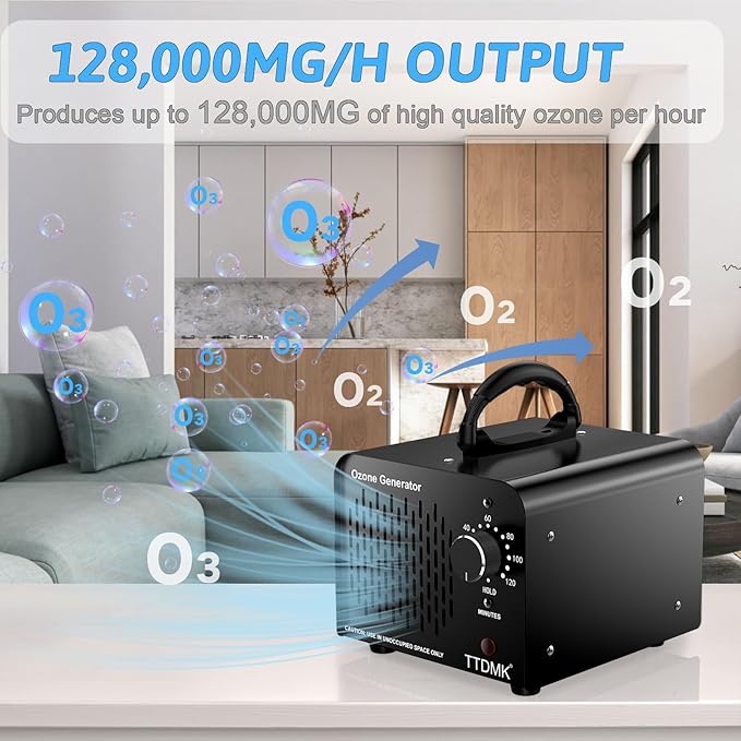 Ozone Generator 128,000mg/h, Commercial Ozone Machine Odor Removal, High Capacity Ozone Machine, Home Ozone Generator for Car, Home, Smoke, Pet, etc (Black) - by TTDMK