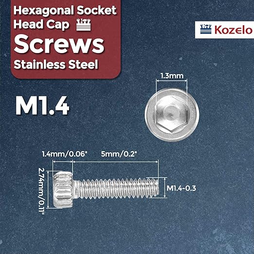 Kozelo 60pcs Socket Head Cap Screws - [M1.4-0.3 x 5mm] 304 Stainless Steel Allen Socket Drive for Electrical Motor 3D Printing Fan Engine Replacement Use, Silver