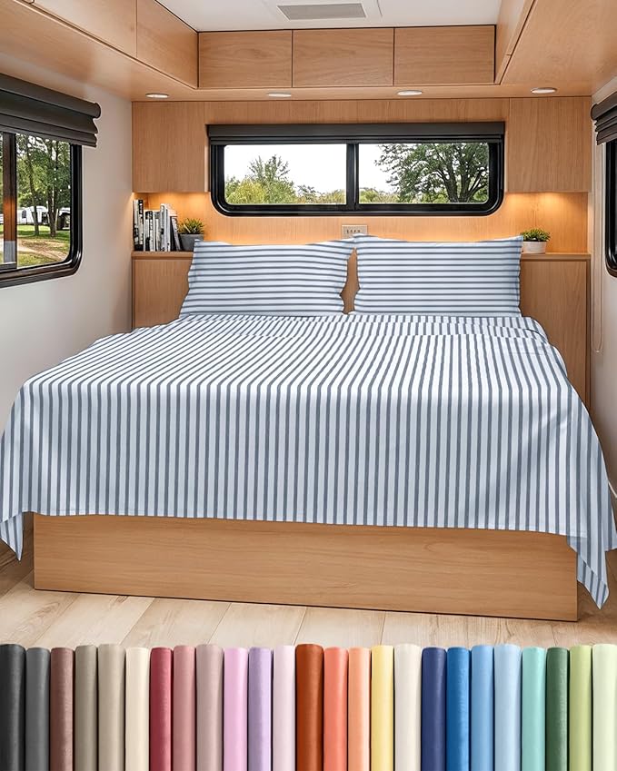 RV Short Queen Sheet Set 60 X 75 - 4 Piece RV Short Queen Bed Sheets - Soft, Breathable & Cooling - Designed for Bunks, Trailers & Campers - Fits 8” to 12" Mattress - Luxury Bedding - Blue Stripes 2
