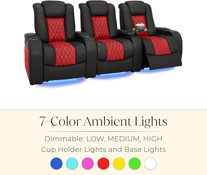 Seatcraft Diamante Zero-Gravity CoolZero Italian Leather Home Theater Seating, Power Headrest, Power Recline, Row of 4 Sofa, Black/Red