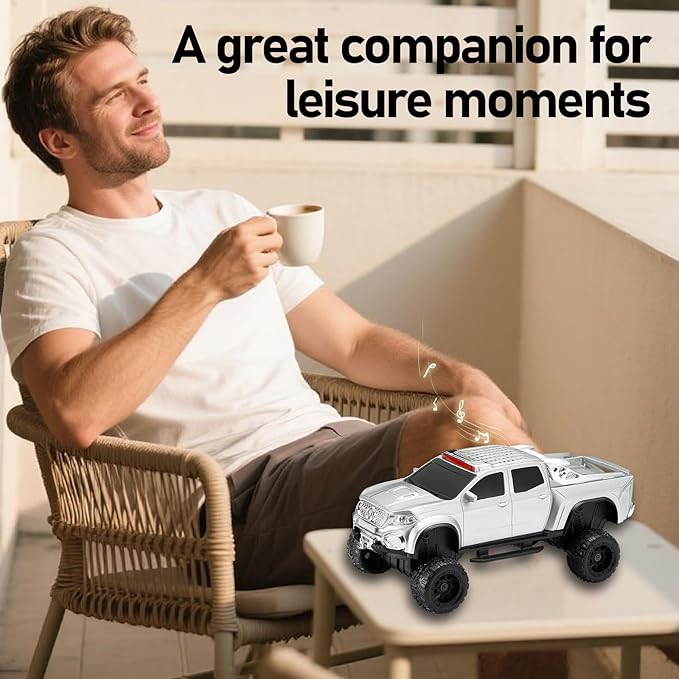 WSTER WS-X65 Pickup Truck Replica Bluetooth Speaker – HD Sound, FM Radio, TWS Stereo, LED Party Lights, USB/TF Playback, Built-in Mic – Cool Portable Car Design Speaker for Outdoors & Home (Silver)