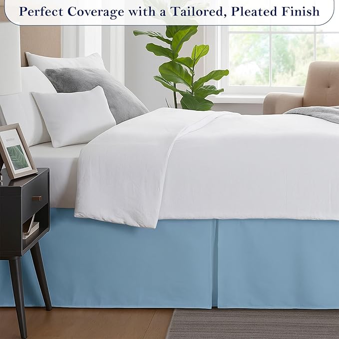 Full Bed Skirt, Luxury 12 Inch Drop Light Blue Pleated Bed Skirt, Double Brushed Microfiber, Box Pleat Design, Wrinkle & Fade Resistant, Easy Fit Tailored Bedskirt for Full Size Beds