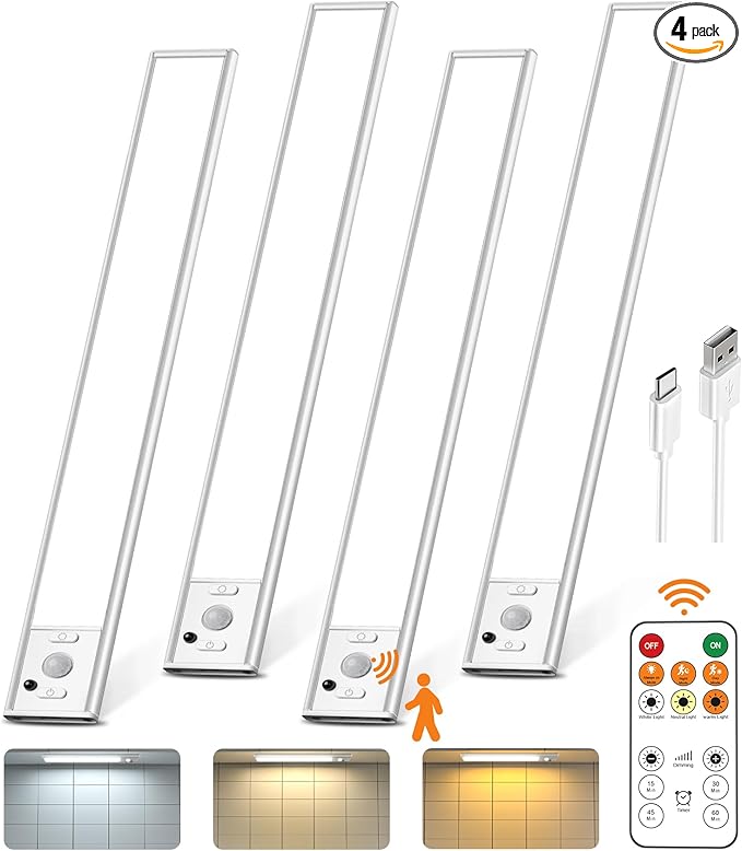 Under Cabinet Lighting with Remote Control,2500mAh USB Rechargeable Motion Sensor Light Indoor,350 Lumen LED Closet Lights,3 Color Temps Wireless Under Counter Lights for Kitchen,Pantry, Stair, 4 Pack