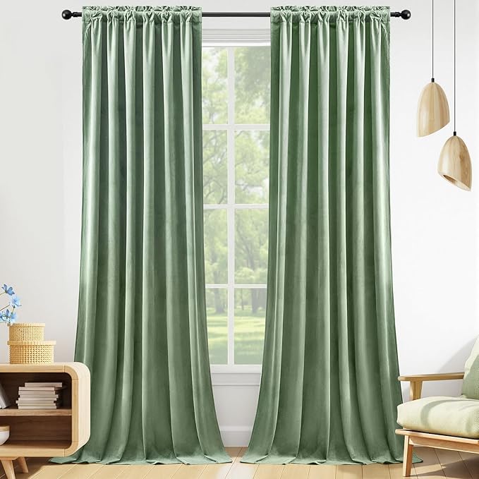 Sage Green Velvet Curtains 84 Inches for Living Room, Elegant Thermal Insulated Room Darkening Heavy Blackout Drapes Luxury Curtains for Bedroom Nursery, Back Tab Rod Pocket, W52 x L84, 2 Panels