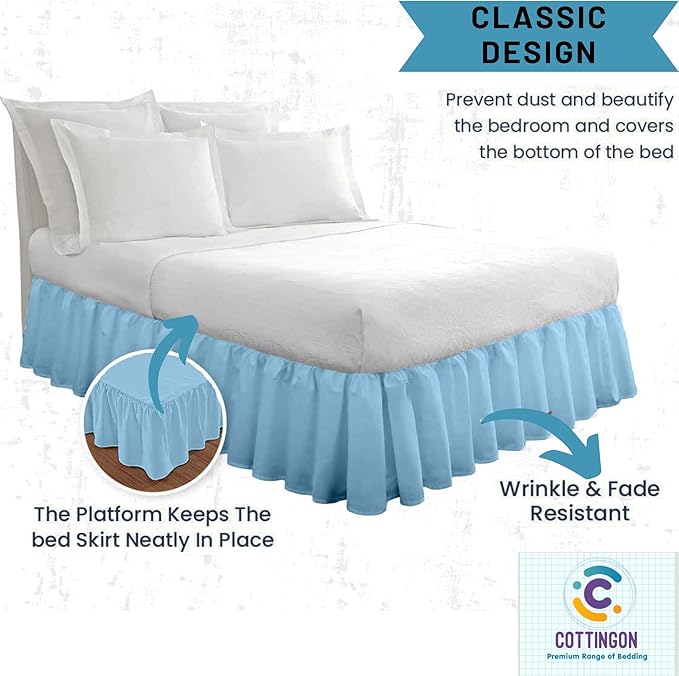 Ruffled Bed Skirt with Split Corners-Dust Ruffle - 21" Drop 100% Microfiber Soft,Sheen & Luxurious Look - Bed Skirts (Light Blue -King)