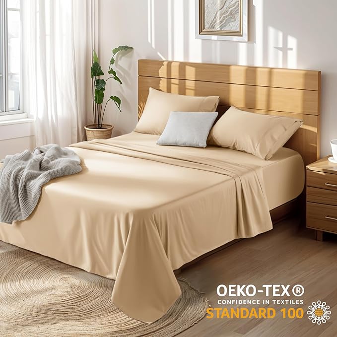 LBRO2M 100% Cotton Sheets Set Deep Pocket 19", 1000 Thread Count California King Size 4 Piece Bed Sheet Sets Soft Comfortable Bedding All Season (California King, Cream)