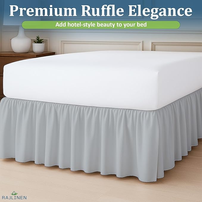 Rajlinen Ruffled Bed Skirt California King, 14 Inch Drop Dust Ruffle with Split Corners, 100% Microfiber Bedskirt with Platform, Three-Sided Coverage Ruffled Gathering Design, Light Grey
