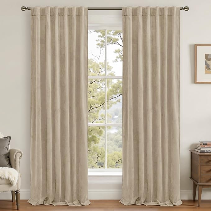 LAMIT Taupe Velvet Curtains 84 Inch for Living Room, Thick Thermal Room Darkening Drapes Elegant Back Tab and Rod Pocket Room Decor Panels for Bedroom/Sliding Glass Door, 2 Panels, 52 x 84 Inch