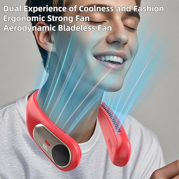 Portable Neck Fan,Personal Wearable Bladeless Fan,LED Display,4-Speeds,6000mAh USB Rechargeable,360° Strong Cooling Wind,Hands Free,White Elephant Gift,Christmas Gifts for Men Women Dad Mom (Red)