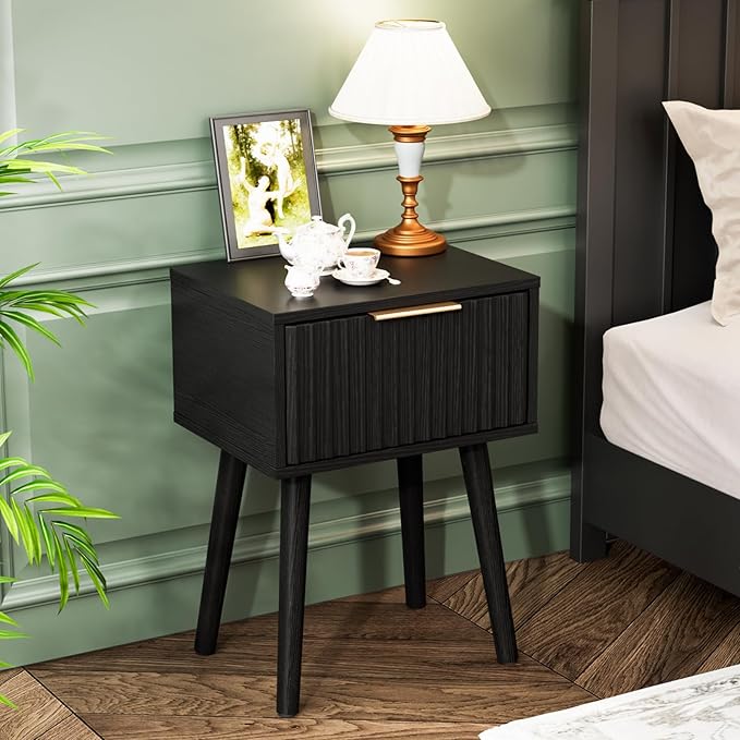 VINGLI Night Stand, Fluted Nightstand Wood, Mid Century Modern Nightstand for Bedroom, Bedside Table, Wood Side Table, Small Night Stand Black, 15.75" W*11.81" D*21.85" H