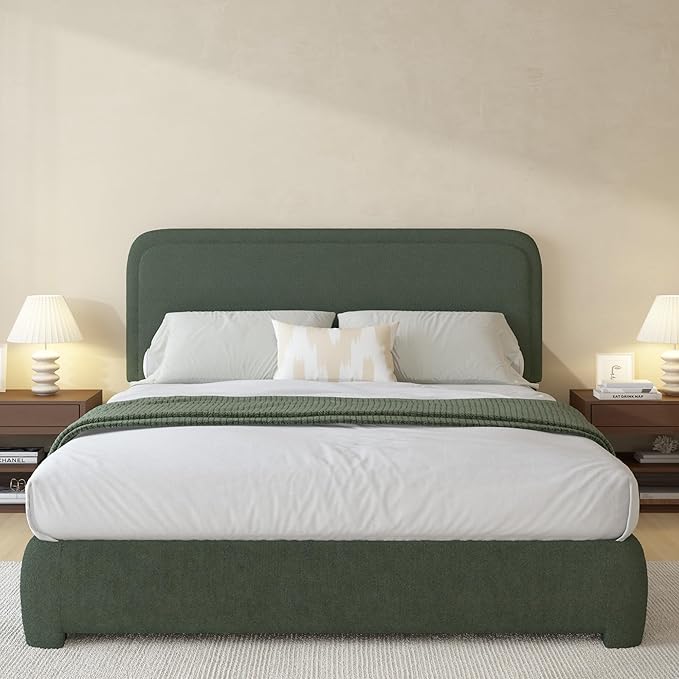 BarnFurin Full Size Bed Frame with Headboard, Boucle Upholstered Platform Bed Frame, Modern Style, Soft Rounded Corners, No Box Spring Required, Easy Assembly, Green
