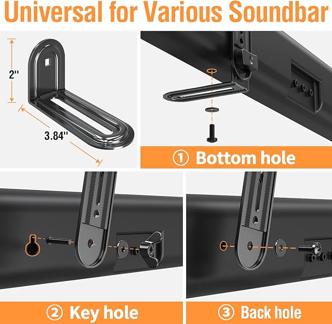 ELIVED Soundbar Mount, Sound Bar TV Bracket, for Mounting Above or Under TV, Fits Most Sound Bars Up to 15 Lbs, Tool-Free Knob Adjustable, for 23-90" tvs with Detachable Extension Arms and L-Brackets