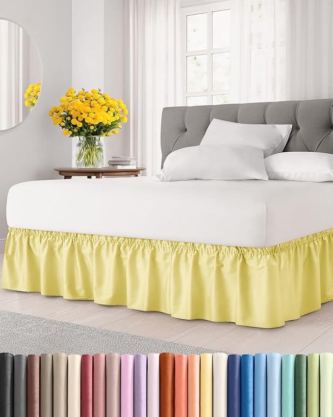Wrap Around Dust Ruffle Bed Skirt - Yellow - for Full Size Beds with 12 Inch Drop - Easy Fit Elastic Strap - Adjustable Pleated Bedskirt w/Brushed Fabric - Wrinkle Free - for Women, Men, Kids & Teens