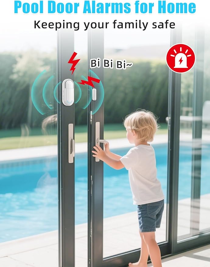 Sanjie Pool Door Alarms for Kids Safety/Home Security/Dementia,4 Working Modes,Wireless Door Open Alarm,Window Alarms Sensors,0-120dB Volume Adjustable,2 Sensors 2 Remote Controls